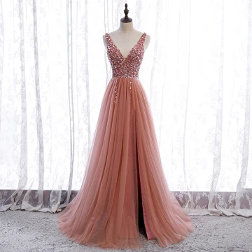 Élégant Perle Rose Robe De Bal 2020 Princesse Col V Profond Sans Manches Paillettes Perlage Fendue Devant Train De Balayage Volants Dos Nu Robe De Ceremonie