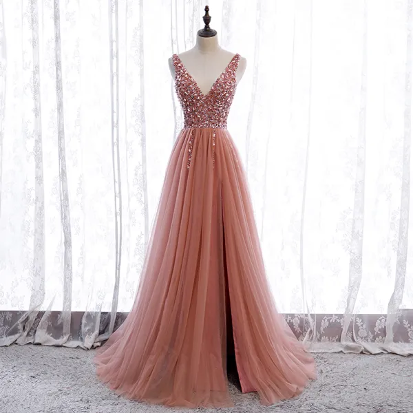 Elegant Pearl Pink Prom Dresses 2020 A-Line / Princess Deep V-Neck Sleeveless Sequins Beading Split Front Sweep Train Ruffle Backless Formal Dresses