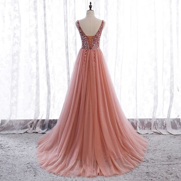 Elegante Pearl Rosa Ballkleider 2020 A Linie Tiefer V-Ausschnitt Ärmellos Pailletten Perlenstickerei Gespaltete Front Sweep / Pinsel Zug Rüschen Rückenfreies Festliche Kleider