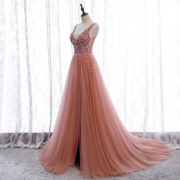 Elegant Pearl Pink Prom Dresses 2020 A-Line Princess Deep V-Neck Sleeveless Sequins Elegant Pearl Pink Prom Dresses 2020 A-Line Princess Deep V-Neck Sleeveless Sequins