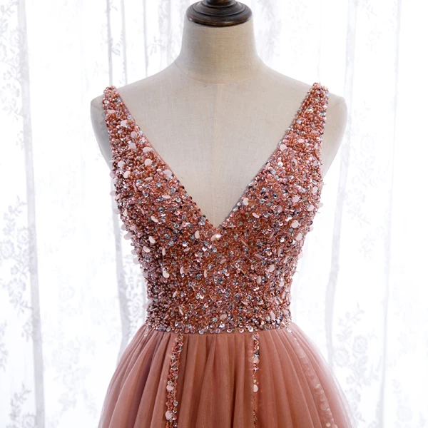 Elegante Pearl Rosa Ballkleider 2020 A Linie Tiefer V-Ausschnitt Ärmellos Pailletten Perlenstickerei Gespaltete Front Sweep / Pinsel Zug Rüschen Rückenfreies Festliche Kleider