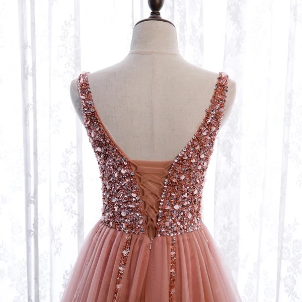 pink homecoming dresses long V neck Homecoming Dress Backless Style Cropped Party With Floral Appli –  Dressystars main image 0