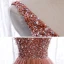 Elegante Pearl Rosa Ballkleider 2020 A Linie Tiefer V-Ausschnitt Ärmellos Pailletten Perlenstickerei Gespaltete Front Sweep / Pinsel Zug Rüschen Rückenfreies Festliche Kleider