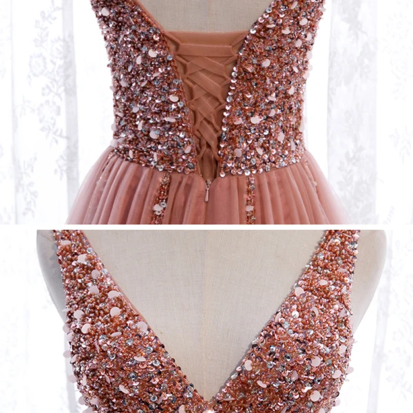 Elegante Pearl Rosa Ballkleider 2020 A Linie Tiefer V-Ausschnitt Ärmellos Pailletten Perlenstickerei Gespaltete Front Sweep / Pinsel Zug Rüschen Rückenfreies Festliche Kleider