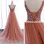 Elegante Pearl Rosa Ballkleider 2020 A Linie Tiefer V-Ausschnitt Ärmellos Pailletten Perlenstickerei Gespaltete Front Sweep / Pinsel Zug Rüschen Rückenfreies Festliche Kleider