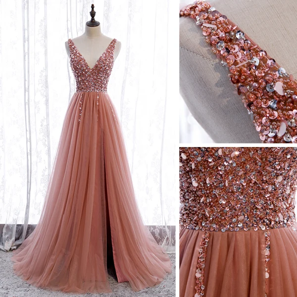 Elegante Pearl Rosa Ballkleider 2020 A Linie Tiefer V-Ausschnitt Ärmellos Pailletten Perlenstickerei Gespaltete Front Sweep / Pinsel Zug Rüschen Rückenfreies Festliche Kleider