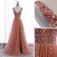 Elegante Pearl Rosa Ballkleider 2020 A Linie Tiefer V-Ausschnitt Ärmellos Pailletten Perlenstickerei Gespaltete Front Sweep / Pinsel Zug Rüschen Rückenfreies Festliche Kleider