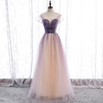 Chic Belle Violet Dégradé De Couleur Champagne Transparentes Robe De Bal 2020 Princesse Encolure Dégagée Manches Courtes Perlage Paillettes Glitter Tulle Longue Volants Dos Nu Robe De Ceremonie