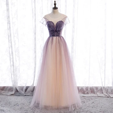 Chic Belle Violet Dégradé De Couleur Champagne Transparentes Robe De Bal 2020 Princesse Encolure Dégagée Manches Courtes Perlage Paillettes Glitter Tulle Longue Volants Dos Nu Robe De Ceremonie