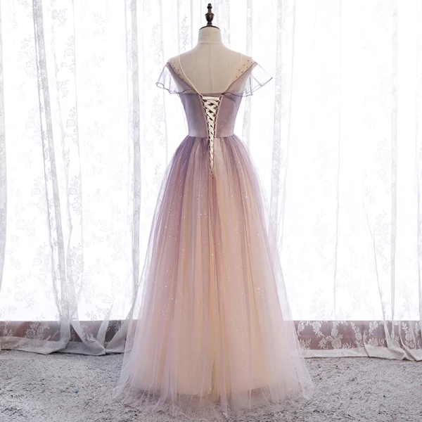 Chic / Belle Violet Dégradé De Couleur Champagne Transparentes Robe De Bal 2020 Princesse Encolure Dégagée Manches Courtes Perlage Paillettes Glitter Tulle Longue Volants Dos Nu Robe De Ceremonie