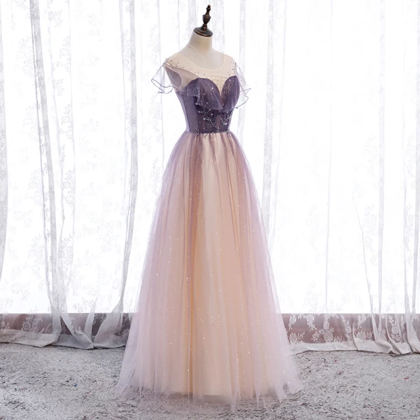 Chic / Belle Violet Dégradé De Couleur Champagne Transparentes Robe De Bal 2020 Princesse Encolure Dégagée Manches Courtes Perlage Paillettes Glitter Tulle Longue Volants Dos Nu Robe De Ceremonie