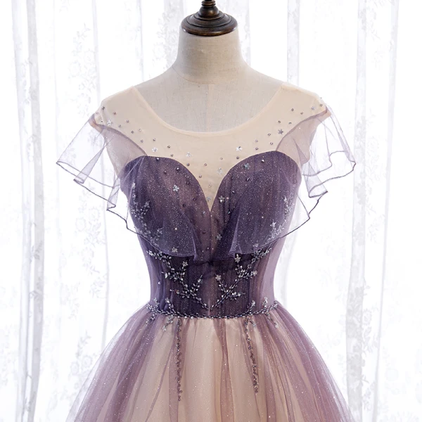 Chic / Belle Violet Dégradé De Couleur Champagne Transparentes Robe De Bal 2020 Princesse Encolure Dégagée Manches Courtes Perlage Paillettes Glitter Tulle Longue Volants Dos Nu Robe De Ceremonie