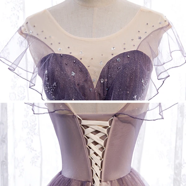 Chic / Belle Violet Dégradé De Couleur Champagne Transparentes Robe De Bal 2020 Princesse Encolure Dégagée Manches Courtes Perlage Paillettes Glitter Tulle Longue Volants Dos Nu Robe De Ceremonie