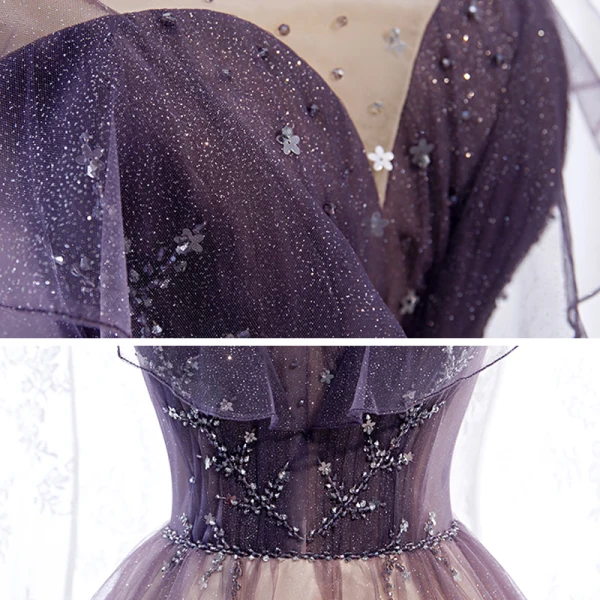 Chic / Belle Violet Dégradé De Couleur Champagne Transparentes Robe De Bal 2020 Princesse Encolure Dégagée Manches Courtes Perlage Paillettes Glitter Tulle Longue Volants Dos Nu Robe De Ceremonie