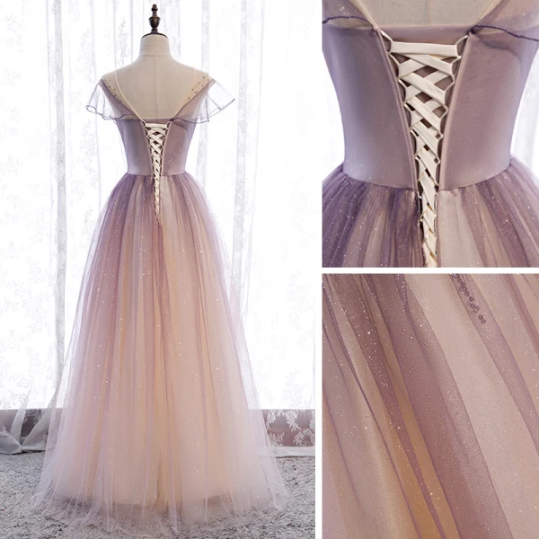 Chic / Belle Violet Dégradé De Couleur Champagne Transparentes Robe De Bal 2020 Princesse Encolure Dégagée Manches Courtes Perlage Paillettes Glitter Tulle Longue Volants Dos Nu Robe De Ceremonie