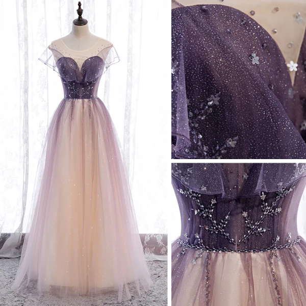 Chic / Belle Violet Dégradé De Couleur Champagne Transparentes Robe De Bal 2020 Princesse Encolure Dégagée Manches Courtes Perlage Paillettes Glitter Tulle Longue Volants Dos Nu Robe De Ceremonie