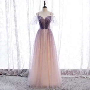 Fine Purple Gradient Farge Champagne Ballkjoler 2020 Prinsesse Spaghettistropper Korte Ermer Beading Glitter Tyll Lange Buste Ryggløse Formelle Kjoler