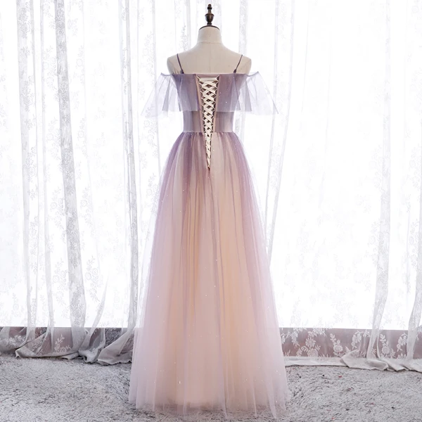 Chic / Beautiful Purple Gradient-Color Champagne Prom Dresses 2020 A-Line / Princess Spaghetti Straps Short Sleeve Beading Glitter Tulle Floor-Length / Long Ruffle Backless Formal Dresses