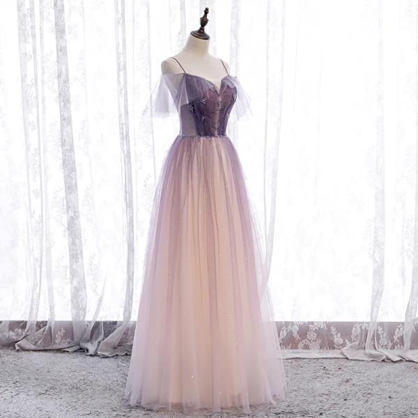Chic / Beautiful Purple Gradient-Color Champagne Prom Dresses 2020 A-Line / Princess Spaghetti Straps Short Sleeve Beading Glitter Tulle Floor-Length / Long Ruffle Backless Formal Dresses