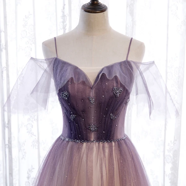 Chic / Beautiful Purple Gradient-Color Champagne Prom Dresses 2020 A-Line / Princess Spaghetti Straps Short Sleeve Beading Glitter Tulle Floor-Length / Long Ruffle Backless Formal Dresses