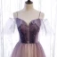 Chic / Beautiful Purple Gradient-Color Champagne Prom Dresses 2020 A-Line / Princess Spaghetti Straps Short Sleeve Beading Glitter Tulle Floor-Length / Long Ruffle Backless Formal Dresses