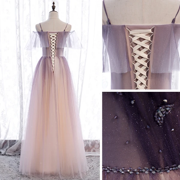 Chic / Beautiful Purple Gradient-Color Champagne Prom Dresses 2020 A-Line / Princess Spaghetti Straps Short Sleeve Beading Glitter Tulle Floor-Length / Long Ruffle Backless Formal Dresses