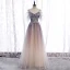 Chic / Beautiful Purple Gradient-Color Champagne Prom Dresses 2020 A-Line / Princess Spaghetti Straps Short Sleeve Appliques Beading Glitter Tulle Floor-Length / Long Ruffle Backless Formal Dresses