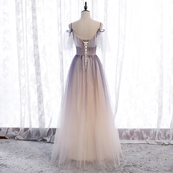 Chic / Beautiful Purple Gradient-Color Champagne Prom Dresses 2020 A-Line / Princess Spaghetti Straps Short Sleeve Appliques Beading Glitter Tulle Floor-Length / Long Ruffle Backless Formal Dresses