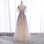 Chic / Beautiful Purple Gradient-Color Champagne Prom Dresses 2020 A-Line / Princess Spaghetti Straps Short Sleeve Appliques Beading Glitter Tulle Floor-Length / Long Ruffle Backless Formal Dresses