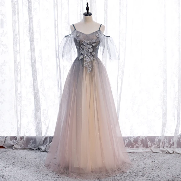 Chic / Beautiful Purple Gradient-Color Champagne Prom Dresses 2020 A-Line / Princess Spaghetti Straps Short Sleeve Appliques Beading Glitter Tulle Floor-Length / Long Ruffle Backless Formal Dresses