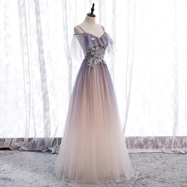 Chic / Beautiful Purple Gradient-Color Champagne Prom Dresses 2020 A-Line / Princess Spaghetti Straps Short Sleeve Appliques Beading Glitter Tulle Floor-Length / Long Ruffle Backless Formal Dresses