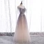 Chic / Beautiful Purple Gradient-Color Champagne Prom Dresses 2020 A-Line / Princess Spaghetti Straps Short Sleeve Appliques Beading Glitter Tulle Floor-Length / Long Ruffle Backless Formal Dresses