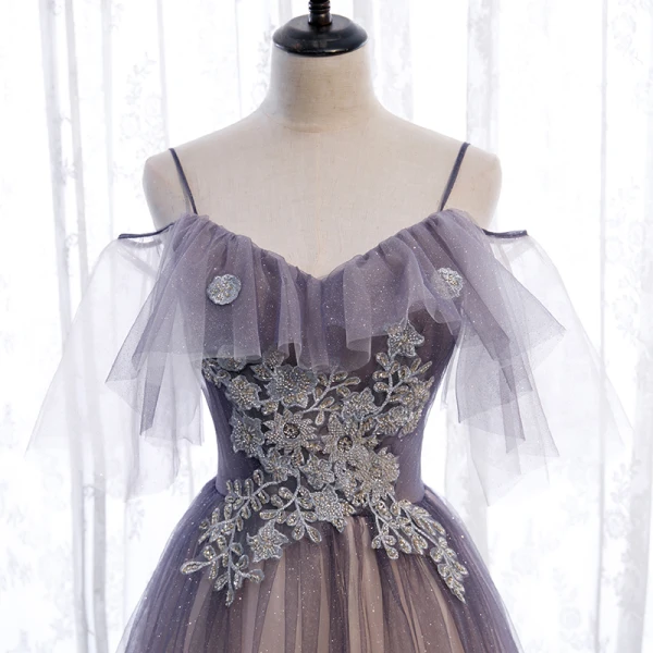 Chic / Beautiful Purple Gradient-Color Champagne Prom Dresses 2020 A-Line / Princess Spaghetti Straps Short Sleeve Appliques Beading Glitter Tulle Floor-Length / Long Ruffle Backless Formal Dresses