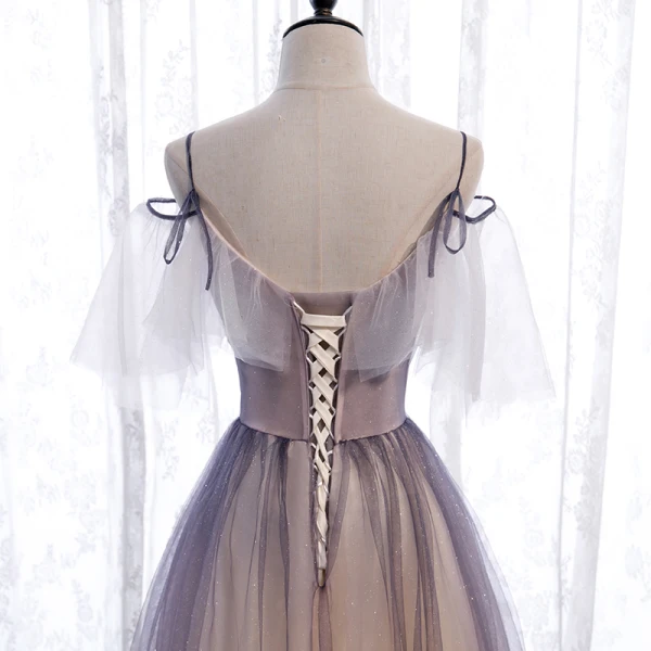 Chic / Beautiful Purple Gradient-Color Champagne Prom Dresses 2020 A-Line / Princess Spaghetti Straps Short Sleeve Appliques Beading Glitter Tulle Floor-Length / Long Ruffle Backless Formal Dresses