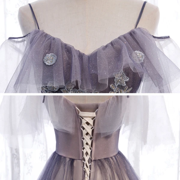 Chic / Beautiful Purple Gradient-Color Champagne Prom Dresses 2020 A-Line / Princess Spaghetti Straps Short Sleeve Appliques Beading Glitter Tulle Floor-Length / Long Ruffle Backless Formal Dresses