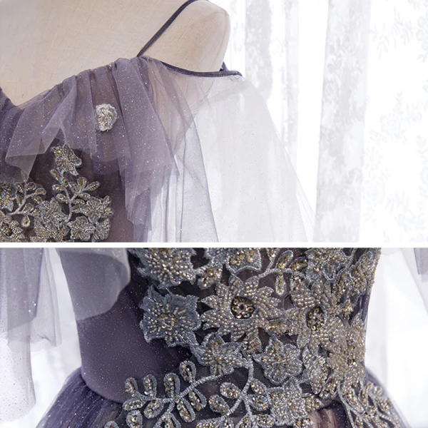 Chic / Beautiful Purple Gradient-Color Champagne Prom Dresses 2020 A-Line / Princess Spaghetti Straps Short Sleeve Appliques Beading Glitter Tulle Floor-Length / Long Ruffle Backless Formal Dresses