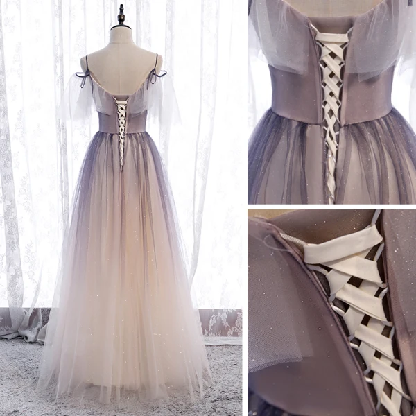 Chic / Beautiful Purple Gradient-Color Champagne Prom Dresses 2020 A-Line / Princess Spaghetti Straps Short Sleeve Appliques Beading Glitter Tulle Floor-Length / Long Ruffle Backless Formal Dresses