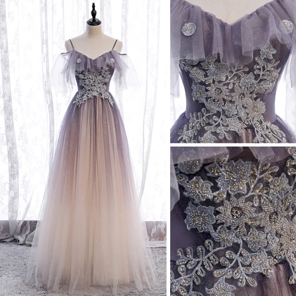 Chic / Beautiful Purple Gradient-Color Champagne Prom Dresses 2020 A-Line / Princess Spaghetti Straps Short Sleeve Appliques Beading Glitter Tulle Floor-Length / Long Ruffle Backless Formal Dresses