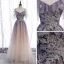 Chic / Beautiful Purple Gradient-Color Champagne Prom Dresses 2020 A-Line / Princess Spaghetti Straps Short Sleeve Appliques Beading Glitter Tulle Floor-Length / Long Ruffle Backless Formal Dresses