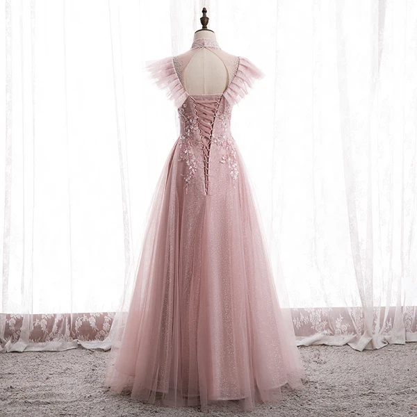 Viktorianischer Stil Rosa Durchsichtige Ballkleider 2020 A Linie Stehkragen Ärmellos Applikationen Spitze Perlenstickerei Glanz Tülle Lange Rüschen Rückenfreies Festliche Kleider