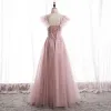 Victorian Style Blushing Pink See-through Prom Dresses 2020 A-Line / Princess High Neck Sleeveless Appliques Lace Beading Glitter Tulle Floor-Length / Long Ruffle Backless Formal Dresses