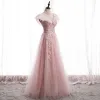 Victorian Style Blushing Pink See-through Prom Dresses 2020 A-Line / Princess High Neck Sleeveless Appliques Lace Beading Glitter Tulle Floor-Length / Long Ruffle Backless Formal Dresses