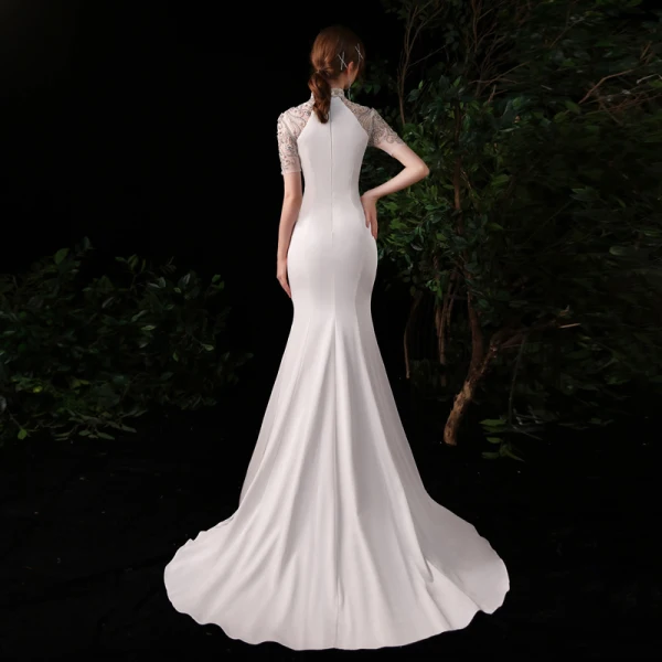 Chinese style White Satin Evening Dresses 2020 Trumpet / Mermaid See-through High Neck Short Sleeve Beading Rhinestone Sweep Train Formal Dresses