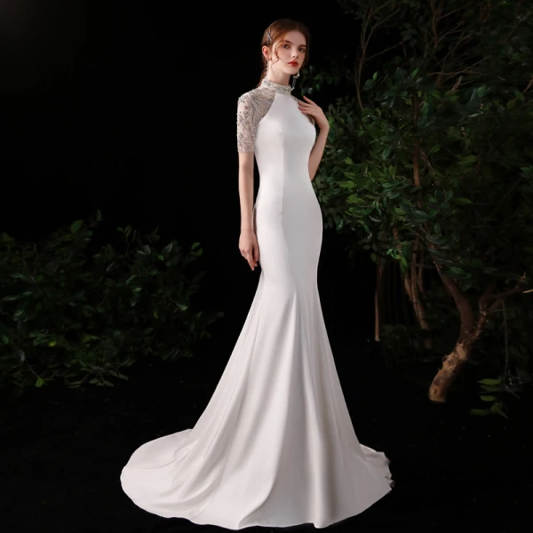 Chinese style White Satin Evening Dresses 2020 Trumpet / Mermaid See-through High Neck Short Sleeve Beading Rhinestone Sweep Train Formal Dresses
