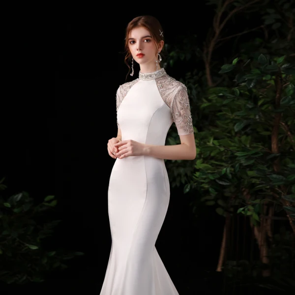 Chinese style White Satin Evening Dresses 2020 Trumpet / Mermaid See-through High Neck Short Sleeve Beading Rhinestone Sweep Train Formal Dresses
