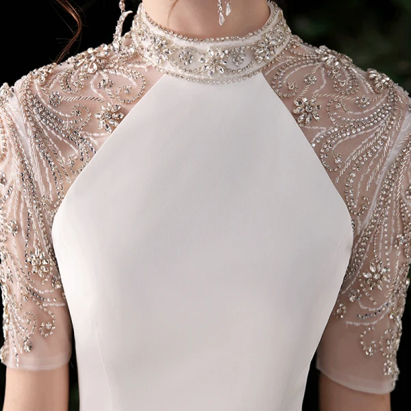 Chinese style White Satin Evening Dresses 2020 Trumpet / Mermaid See-through High Neck Short Sleeve Beading Rhinestone Sweep Train Formal Dresses