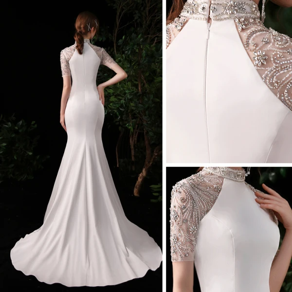 Chinese style White Satin Evening Dresses 2020 Trumpet / Mermaid See-through High Neck Short Sleeve Beading Rhinestone Sweep Train Formal Dresses
