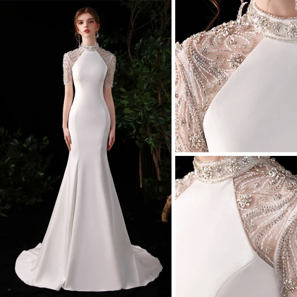 Chinese style White Satin Evening Dresses 2020 Trumpet / Mermaid See-through High Neck Short Sleeve Beading Rhinestone Sweep Train Formal Dresses