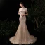 Luxury / Gorgeous Gold Evening Dresses  2020 Trumpet / Mermaid See-through Scoop Neck Short Sleeve Rhinestone Beading Sequins Sweep Train Ruffle Formal Dresses