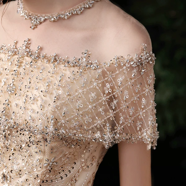Luxury / Gorgeous Gold Evening Dresses 2020 Trumpet / Mermaid See-through Scoop Neck Short Sleeve Rhinestone Beading Sequins Sweep Train Ruffle Formal Dresses